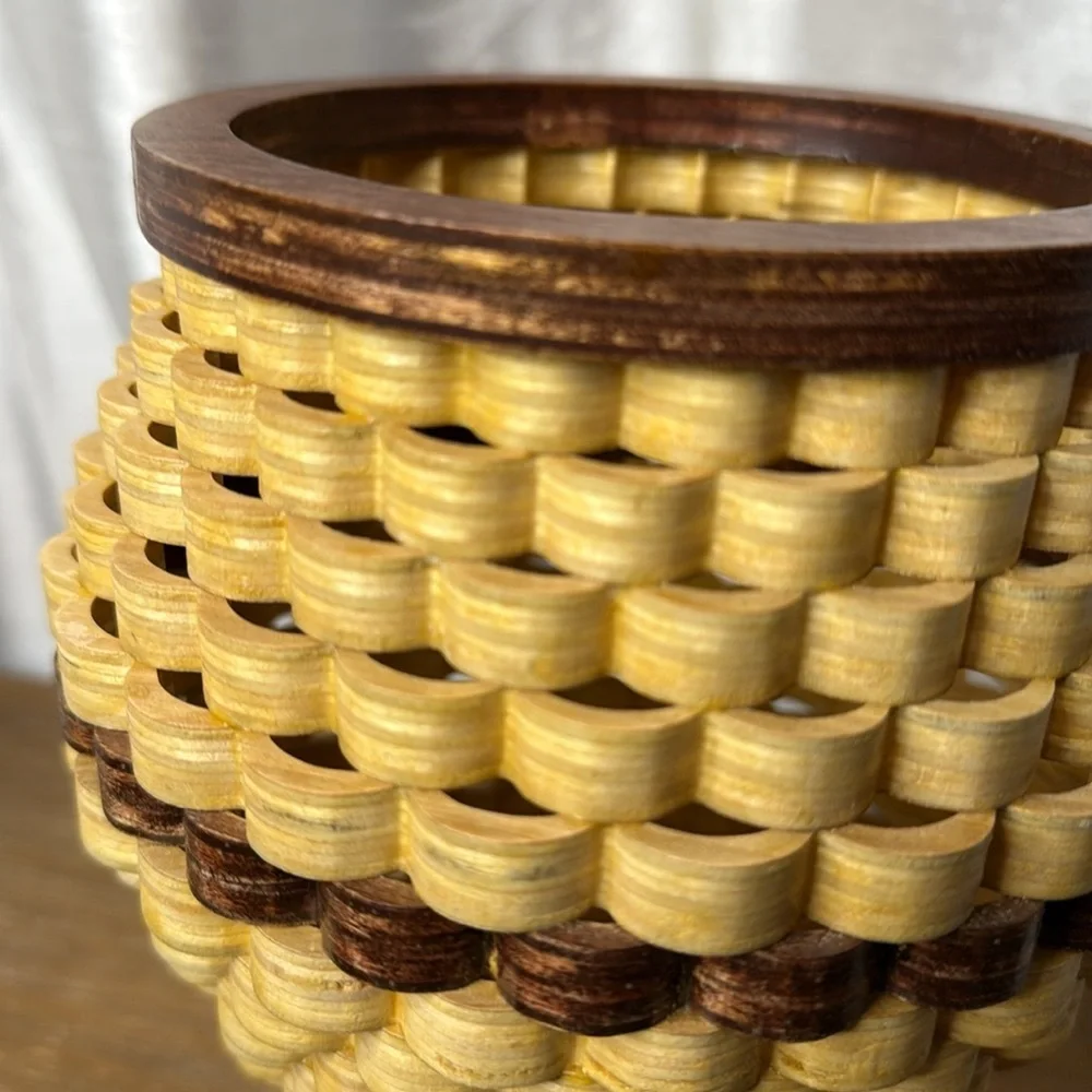 Handcrafted 9” Wooden Tornado Basket Vase Scalloped 2012 Signed Glazed